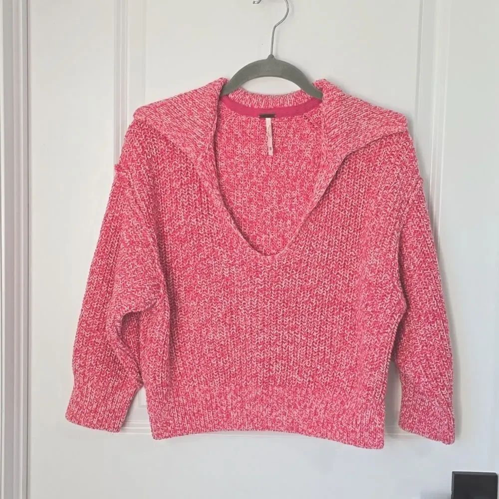 Free People Love This City Pink White Collared Slouchy Crop Sweater - Size XS - Picture 3 of 15